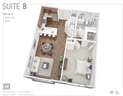 Floor plan for 1 bed, 1 bath, 888 sqft